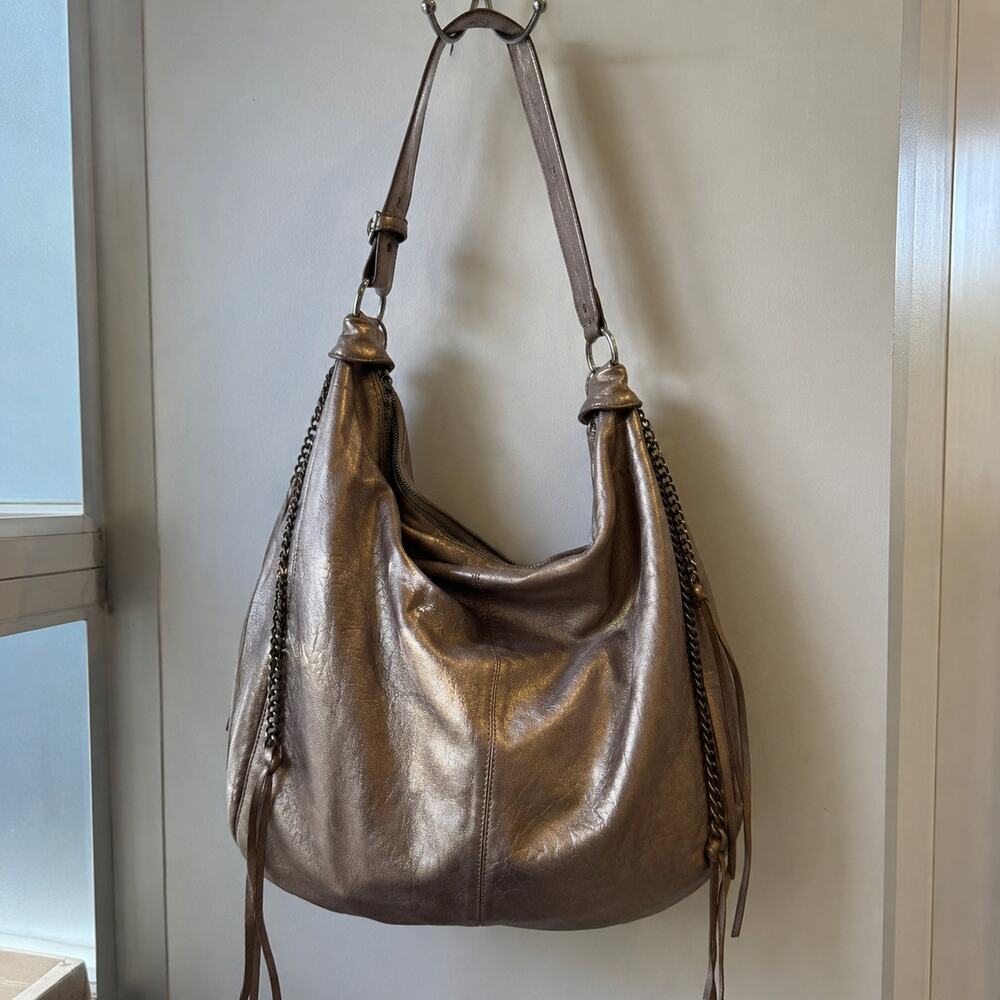 Italian Leather Metallic Pewter Slouch Hobo Bag Shoulder & Crossbody Purse
